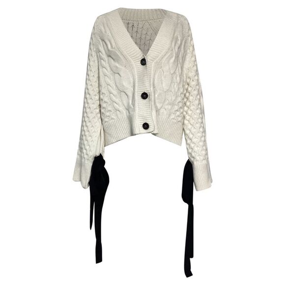 Erdem Boxy Cable Knit Cardigan in White Wool